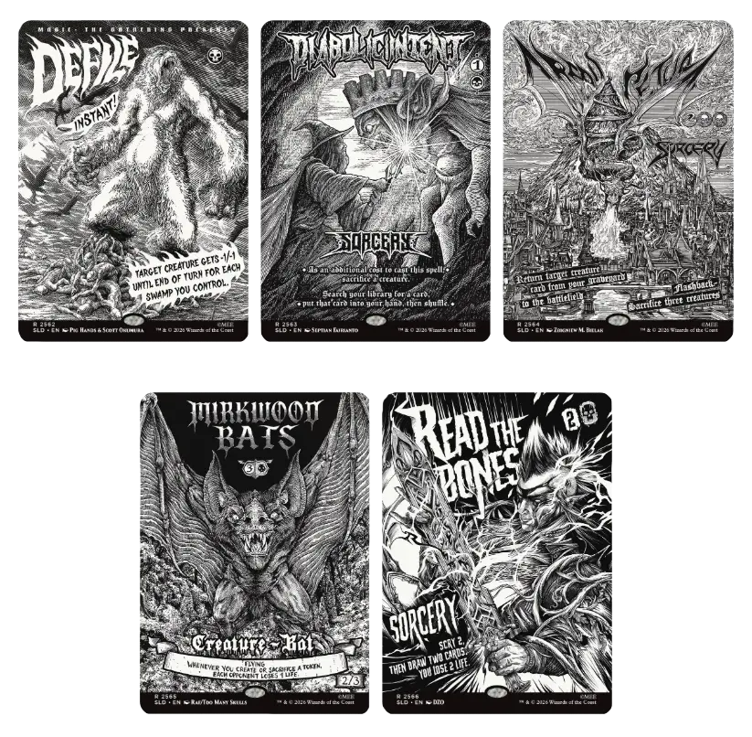 Five black-and-white fantasy trading cards with monster art and titles like Deebee, Sorcery, Pinkwood Bats, and Read the Bones.