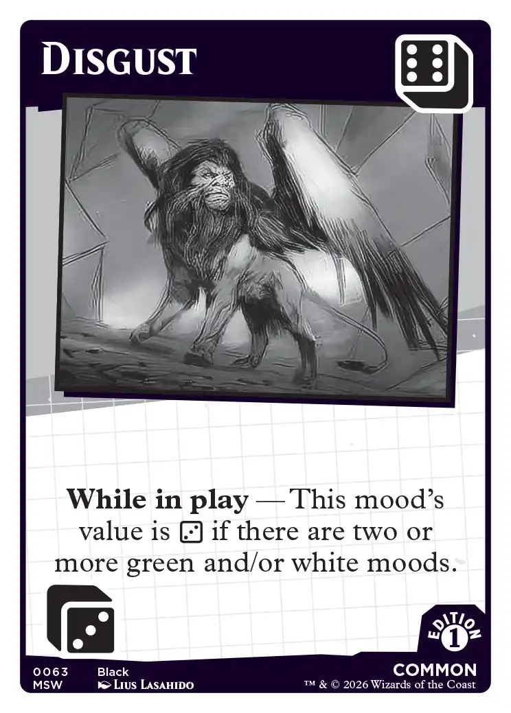 Disgust — Mood Swings Mark Rosewater card game, Black Common mood card #0063. Dice value: 6. A hunched, hairy ape-like creature with a snarling face walks on all fours amid broken angular shapes, rendered in dark pencil sketch style. Ability: While in play — This mood's value is 2 if there are two or more green and/or white moods. MSW Edition 1, art by Lius Lasahido.