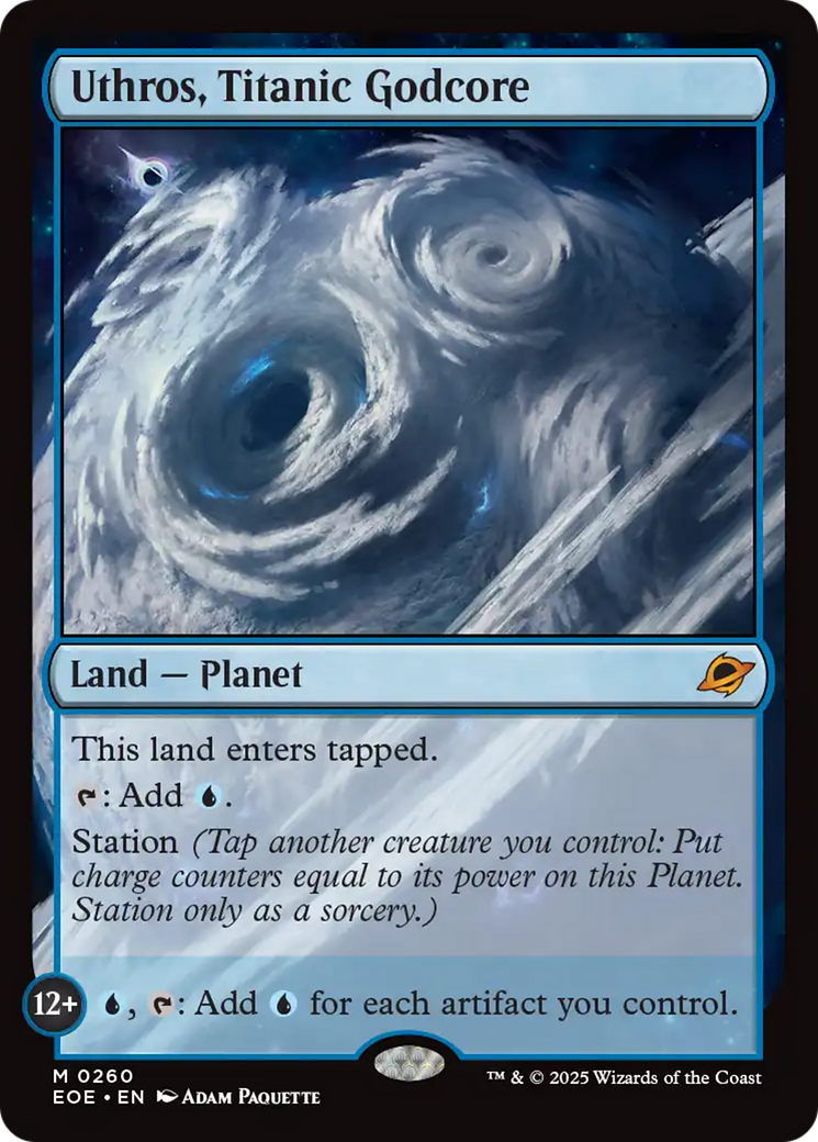 A swirling storm with a central vortex in space, surrounded by text: Uthros, Titanic Godcore, Land–Planet card details, blue tones.