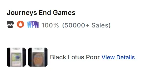 Journeys End Games, 100% rating (50000+ sales), lists "Black Lotus Poor." Images of cards, icons, and text on a white background.