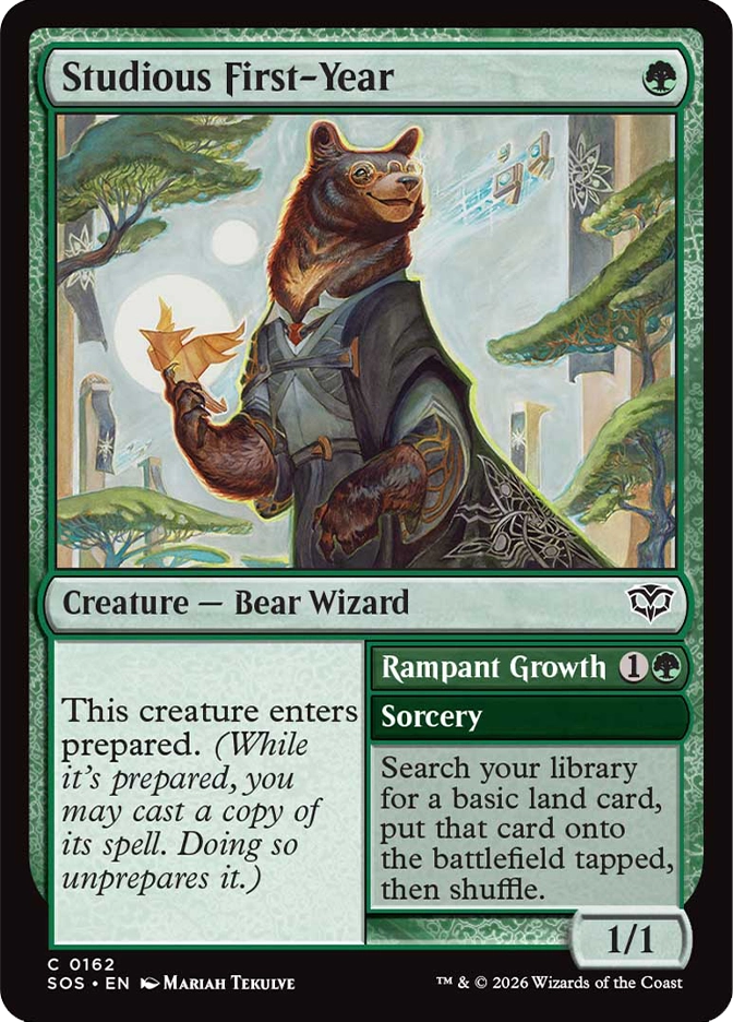 Magic: The Gathering — Secrets of Strixhaven. Studious First-Year, Common, Creature — Bear Wizard, 1/1. Art depicts a bear in academic robes and round glasses holding a glowing origami-style paper creature, with geometric magical constructs floating in a sunny campus setting behind them.