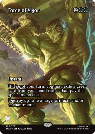 A green-skinned, muscular figure lifting a massive structure overhead in a dramatic pose, with glowing light illuminating the scene. The card frame is green.