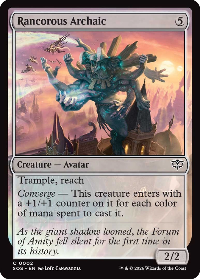 Magic: The Gathering — Secrets of Strixhaven. Rancorous Archaic, Common, Creature — Avatar, 2/2. Art depicts a massive multi-armed skeletal creature looming over a campus skyline at dusk, one hand clutching a glowing orb while tiny figures flee below.