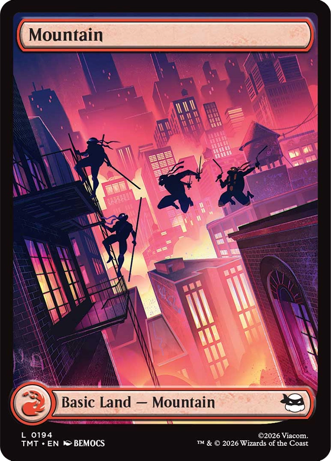 Silhouettes of turtle warriors leap between fire escapes and rooftops in a city glowing with red and orange light, resembling a fiery sunset or heated urban atmosphere.