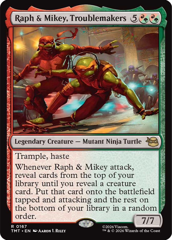 Raphael and Michelangelo charge forward together inside a neon‑lit arcade, knocking over machines and scattering tokens as they battle masked enemies in the background.