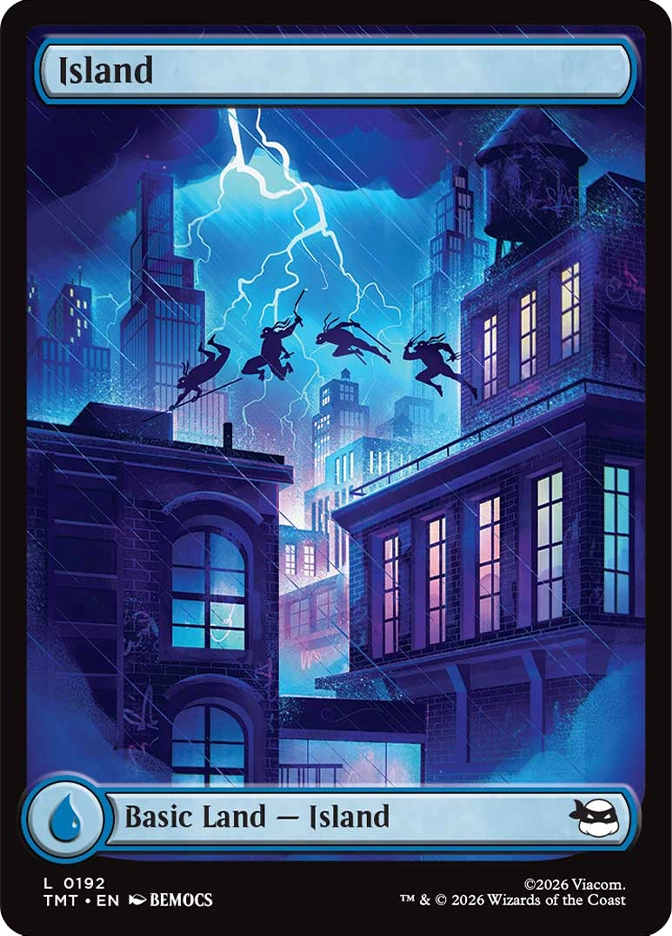 Silhouetted turtle figures jump between buildings during a stormy night, lit by bright lightning that illuminates a blue-toned city skyline.