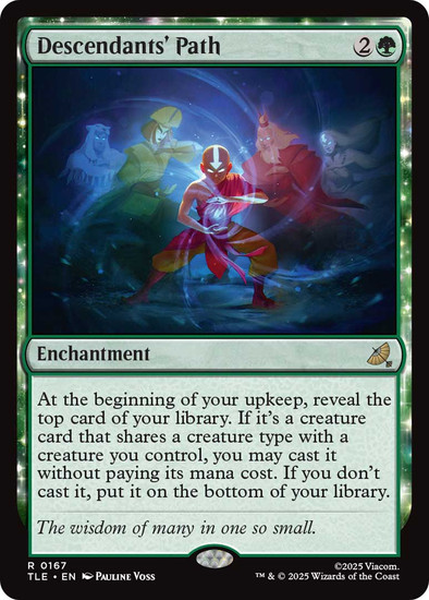 Magic: The Gathering green enchantment card. Aang stands surrounded by past Avatars from all nations in a mystical glow. Reveals the top card of your library each upkeep and may cast it for free if it shares a creature type.