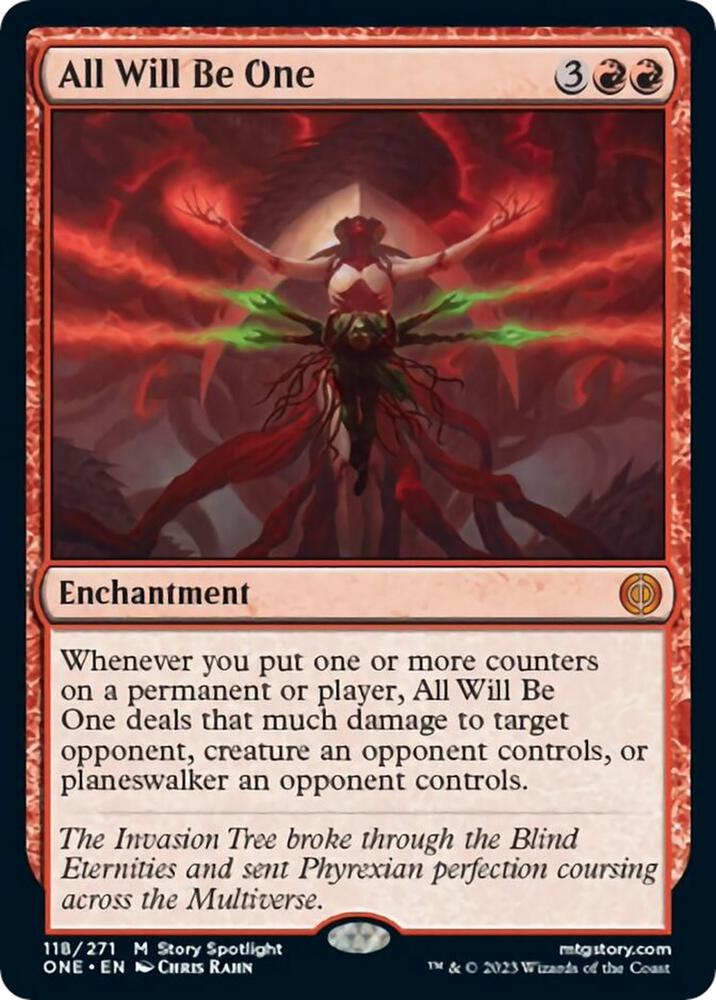 A mystical figure with outstretched arms emits red and green energy against a fiery background. Text reads "All Will Be One."
