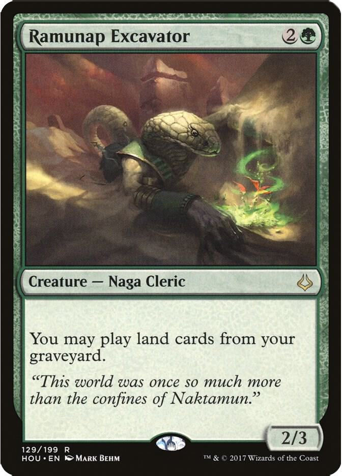 Naga Cleric in desert setting, casting green magic. Card text: "Ramunap Excavator" and "You may play land cards from your graveyard."