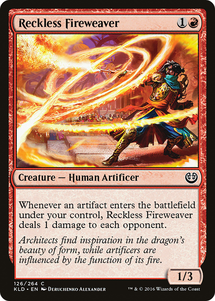 A human artificer wields fiery magic in an ornate setting. Text reads: "Reckless Fireweaver." Colorful and action-packed scene.