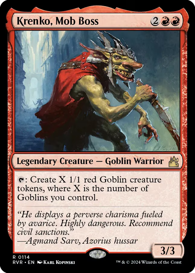 Krenko, a fierce goblin with a red cape, wields a dagger in a dark alleyway. Text details his ability to summon goblins.