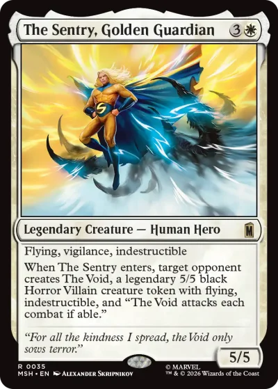 A heroic figure in a blue and gold costume with a flowing cape, flying through a bright, radiant sky with streaks of light. The card frame is white, and the text highlights flying, vigilance, and indestructibility.