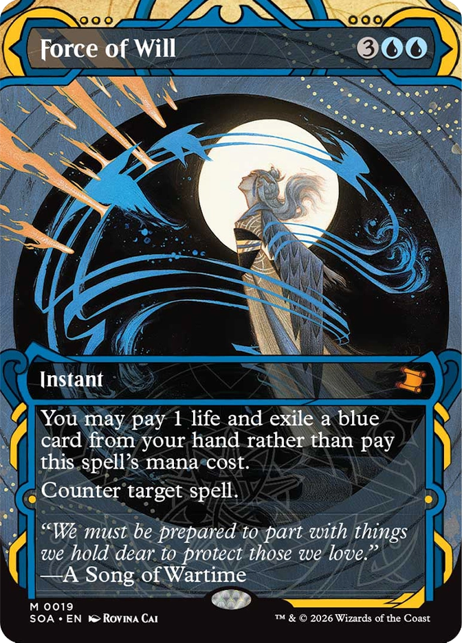 Magic: The Gathering — Secrets of Strixhaven Mystical Archive (English). Force of Will, Mythic Rare, Instant. Art depicts a solitary robed figure silhouetted against a full moon within a dark circular frame, with bold blue brushstroke arcs and orange diagonal slashes cutting across the composition.