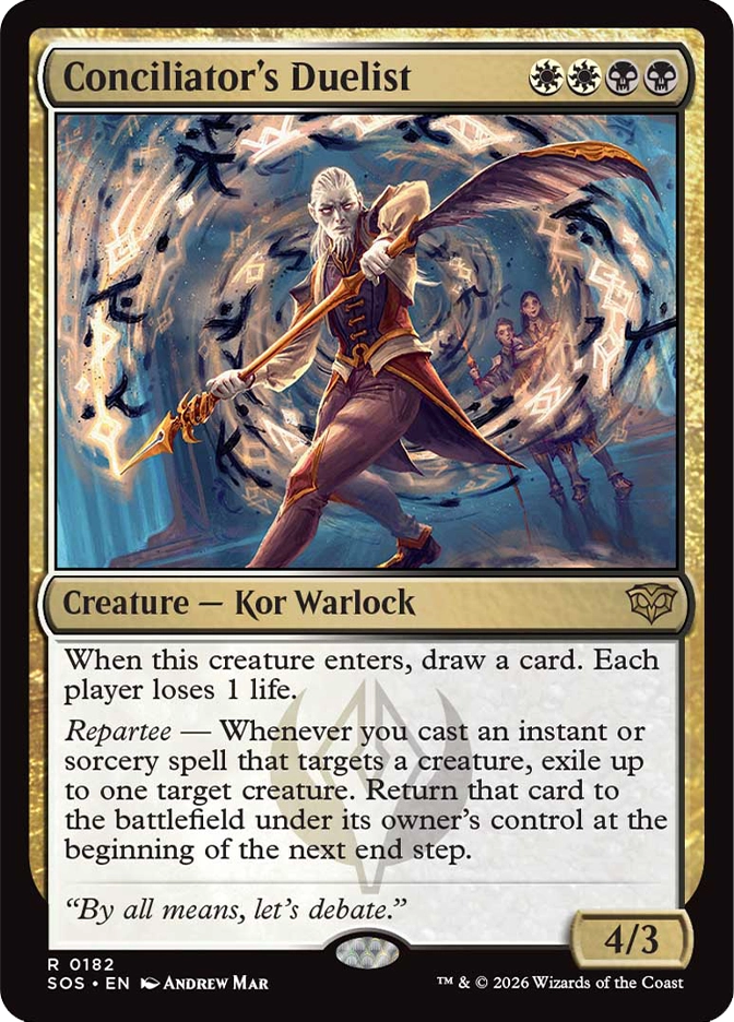 Magic: The Gathering — Secrets of Strixhaven. Conciliator's Duelist, Rare, Creature — Kor Warlock, 4/3. Art depicts a pale-haired elf-like figure in a fighting stance wielding a golden staff with a large wing-shaped blade, surrounded by swirling magical runes with ghostly figures in the background.