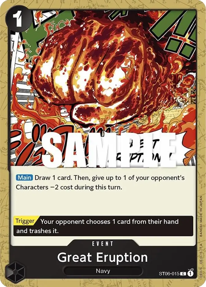 Close-up of a fiery fist with "SAMPLE" text. The card reads: "Great Eruption," includes game mechanics for drawing and discarding cards.
