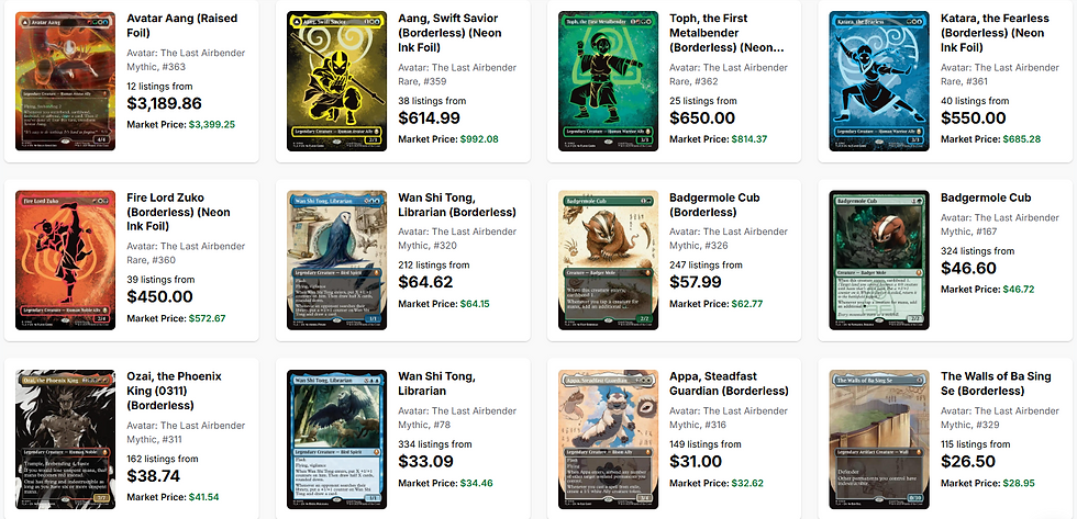 Trading cards display with varied designs from "Avatar: The Last Airbender." Prices and details listed, featuring colorful and mythical illustrations.