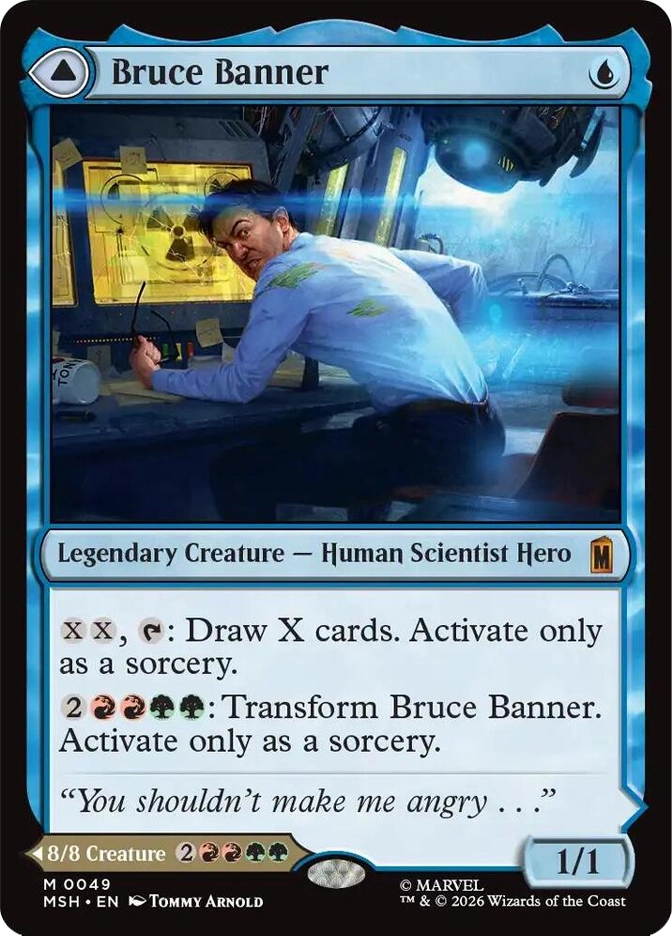 Bruce Banner card art shows him in a blue-lit lab turning at a glowing monitor; text names him as a Human Scientist Hero.