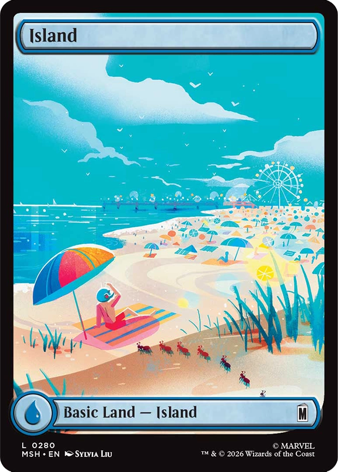 Magic: The Gathering MSH Island basic land. Art by Sylvia Liu depicting a peaceful beach scene with a figure relaxing under a colorful umbrella, a ferris wheel visible in the background.