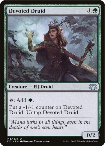 An elf with a wooden crown and staff casts a green glow from her hand white running through a forest