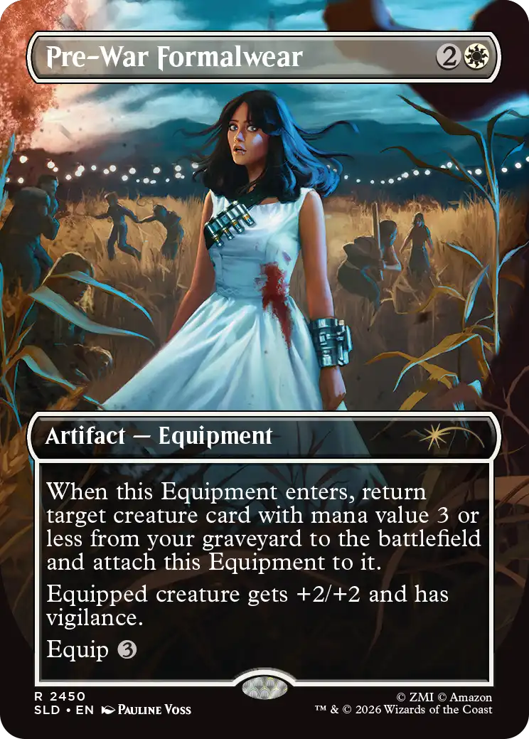 A woman in a torn and blood‑stained white formal dress stands in a cornfield at dusk. She wears a bandolier and a metallic bracer. Behind her, silhouettes of people or creatures move between the cornstalks under string lights.