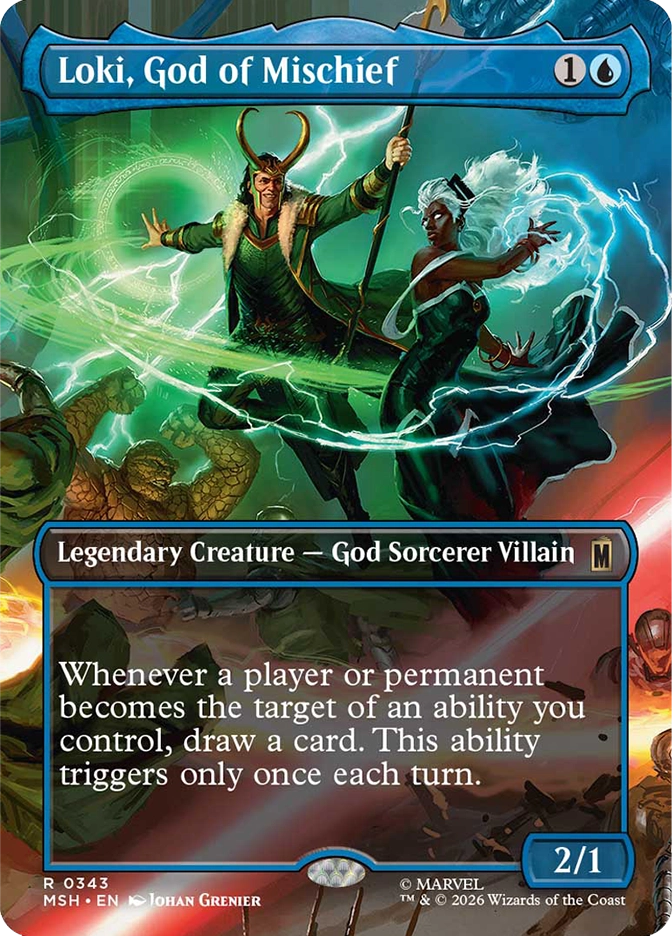 Magic: The Gathering MSH rare legendary creature card Loki, God of Mischief. Art by Johan Grenier depicting Loki in his horned helmet and green robes conjuring crackling green magic alongside a white-haired woman channeling swirling blue energy, with rocky creature forms lurking in the background. 2/1 God Sorcerer Villain that draws a card once per turn whenever any player or permanent becomes the target of an ability you control.
