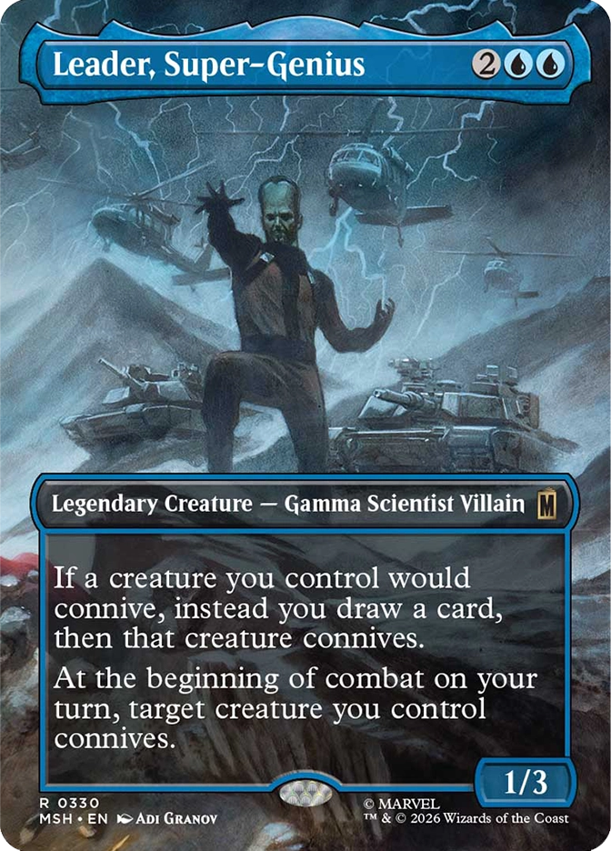 Magic: The Gathering MSH rare legendary creature card Leader, Super-Genius. Art by Adi Granov depicting the Leader, a gamma-irradiated villain with an enlarged skull, raising his hand menacingly as military helicopters and tanks storm a mountain behind him in a lightning-charged sky. 1/3 Gamma Scientist Villain that draws a card whenever a creature connives and triggers a connive ability on a creature at the beginning of each combat.
