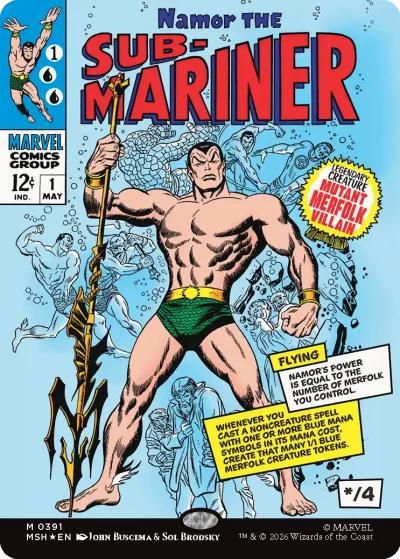 A retro comic-style card showing a muscular aquatic warrior holding a trident, with smaller merfolk figures swimming in the background. The card frame is blue and yellow with bold comic lettering.