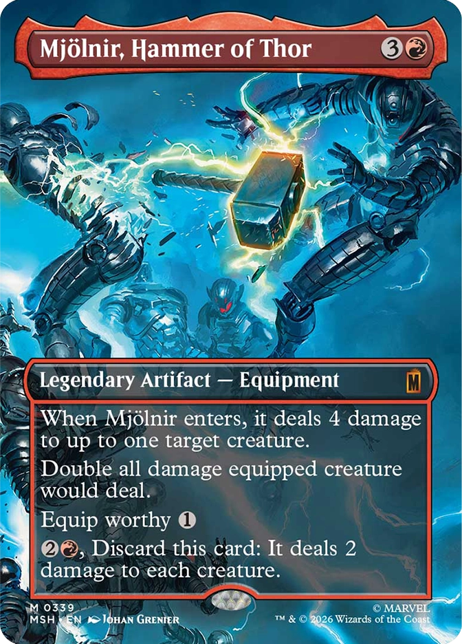 Magic: The Gathering MSH mythic rare legendary artifact equipment card Mjolnir, Hammer of Thor, alternate art. Art by Johan Grenier depicting Mjolnir crackling with golden lightning as it blasts through a group of dark armored enemies in a blue-lit battle scene. Same abilities as the comic-style version: deals 4 damage on entry, doubles equipped creature's damage, Equip Worthy 1, and can be discarded to deal 2 damage to each creature.