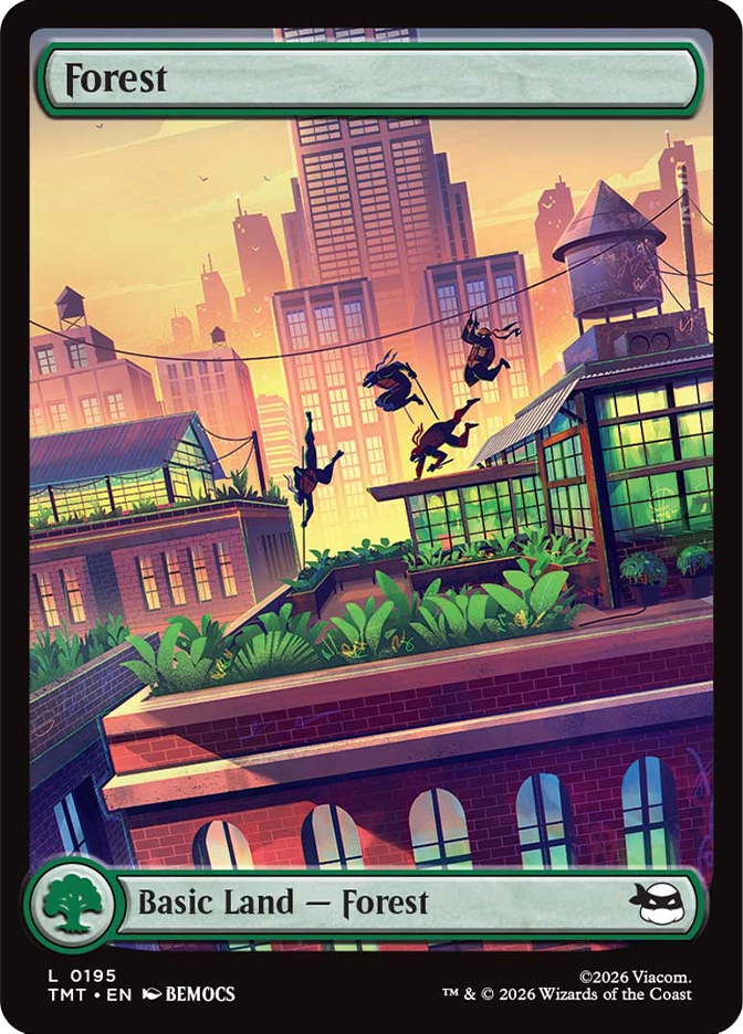 Four turtle-like silhouettes leap across greenhouse rooftops in the midst of a vibrant city at sunset, with lush greenery covering the tops of brick buildings.