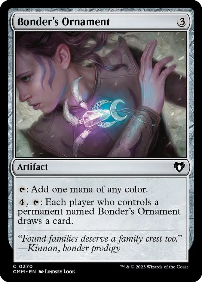 A person holding a glowing, ornate artifact with blue energy. Text: Bonder’s Ornament card details and description. Mystical, focused mood.