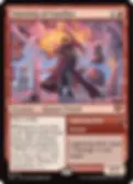 Human wizard casting spells amid floating ruins and lightning. Text: "Emeritus of Conflict," "Lightning Bolt," with magic stats and abilities.