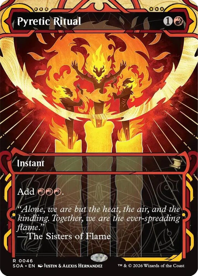 Three fiery figures dance on a dynamic, red-yellow background. Text: Pyretic Ritual. Quote: "Together, we are the ever-spreading flame."