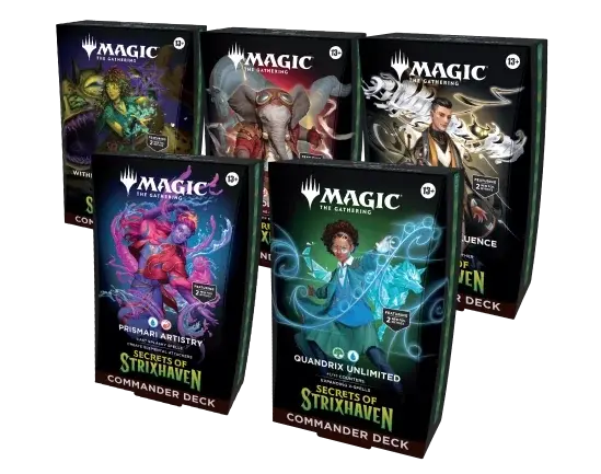 Five Magic: The Gathering "Secrets of Strixhaven" Commander Decks with vibrant fantasy art featuring various characters.