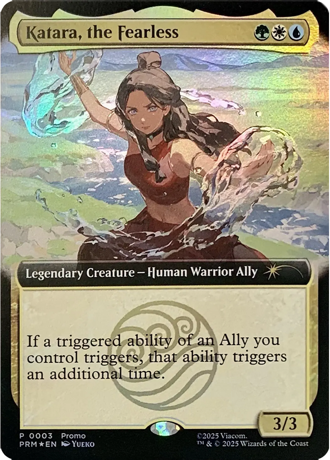 A woman in a red outfit manipulates water with a focused expression. "Katara, the Fearless" title, and game text below. Scenic background.