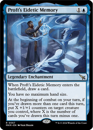 Magic: The Gathering card "Proft's Eidetic Memory," a blue legendary enchantment costing {1}{U}{U}{U}{U}. It draws a card on entry, removes hand size limits, and buffs creatures based on cards drawn each turn. Set MUR, illustrated by Simon Dominic.
