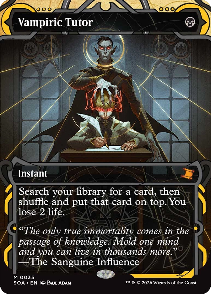 Magic: The Gathering — Secrets of Strixhaven Mystical Archive (English). Vampiric Tutor, Mythic Rare, Instant. Art depicts a tall dark-cloaked vampire with glowing red eyes looming over a student writing at a desk, pressing a skeletal hand to the student's glowing head, set in a gothic stained-glass lit chamber.