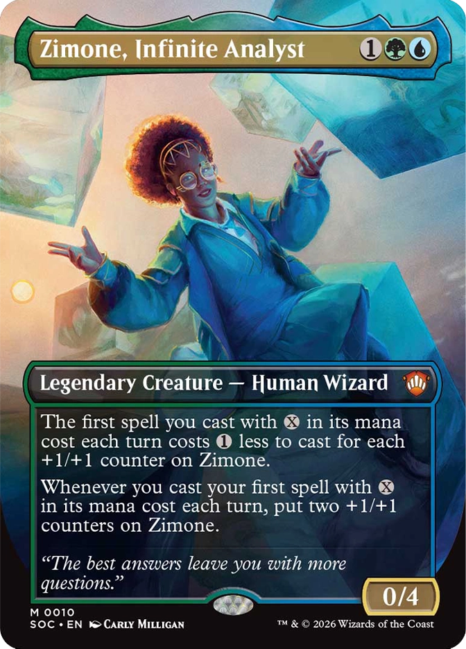 Magic: The Gathering — Strixhaven: School of Mages Commander. Zimone, Infinite Analyst, Mythic Rare, Legendary Creature — Human Wizard, 0/4. Art depicts a young woman with natural hair and round glasses in a teal jacket, arms raised as large translucent geometric shapes float around her in a luminous space.