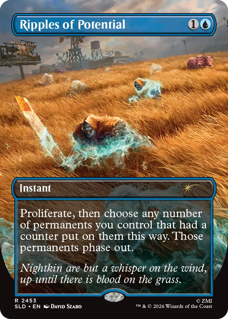 Multiple hooded Nightkin emerge from a golden field of tall grass, each surrounded by a blue phasing or energy aura. In the distance, a ruined industrial settlement sits under a cloudy sky, with Brahmin grazing near the edge of the field.