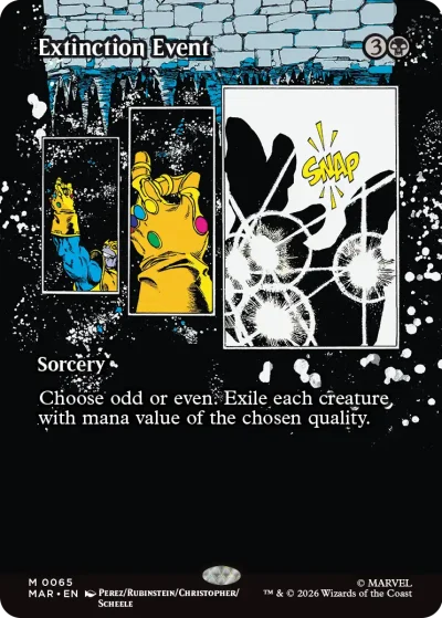 A comic-style card showing a golden gauntlet with colorful gems snapping its fingers, creating a cosmic explosion effect. The background is black with white speckles, and the word “SNAP” appears prominently in yellow.
