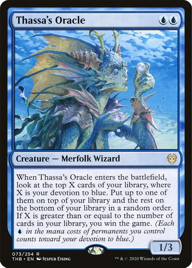 Thassa’s Oracle Magic card showing a blue merfolk wizard underwater, holding a glowing orb, with rules text and 1/3 stats.