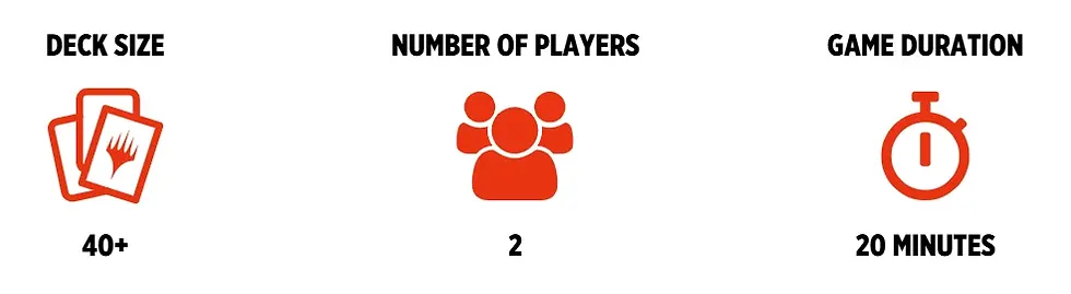 Card game setup details in red icons: 40+ deck size, 2 players, 20-minute duration. Black text on a white background.
