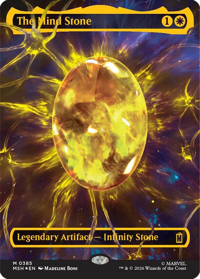 Magic: The Gathering MSH mythic rare legendary artifact card The Mind Stone, showcase treatment. Art by Madeline Boni depicting the glowing yellow Mind Stone gem floating at the center of radiating neural energy tendrils against a dark cosmic background. Legendary Artifact — Infinity Stone.