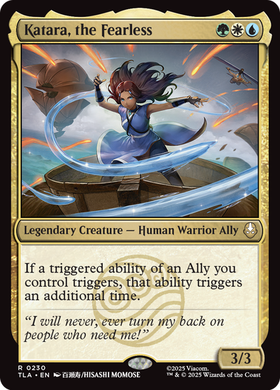 Magic: The Gathering green-white-blue legendary creature card. Katara bends water aboard a ship in combat. 3/3 Human Ally that doubles triggered abilities of Allies.