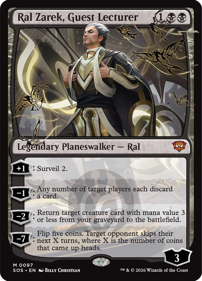 Magic: The Gathering — Secrets of Strixhaven. Ral Zarek, Guest Lecturer, Mythic Rare, Legendary Planeswalker — Ral, Starting Loyalty 3. Art depicts a silver-haired man in a black and gold academic coat standing confidently as stylized ink bird constructs orbit him against a swirling monochromatic background.