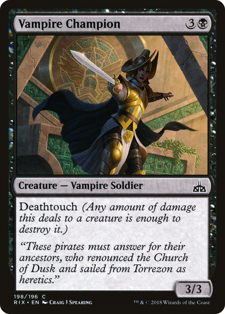 Armored vampire wielding a sword stands in a stone chamber. Text reads: "Vampire Champion," and includes game stats and lore.