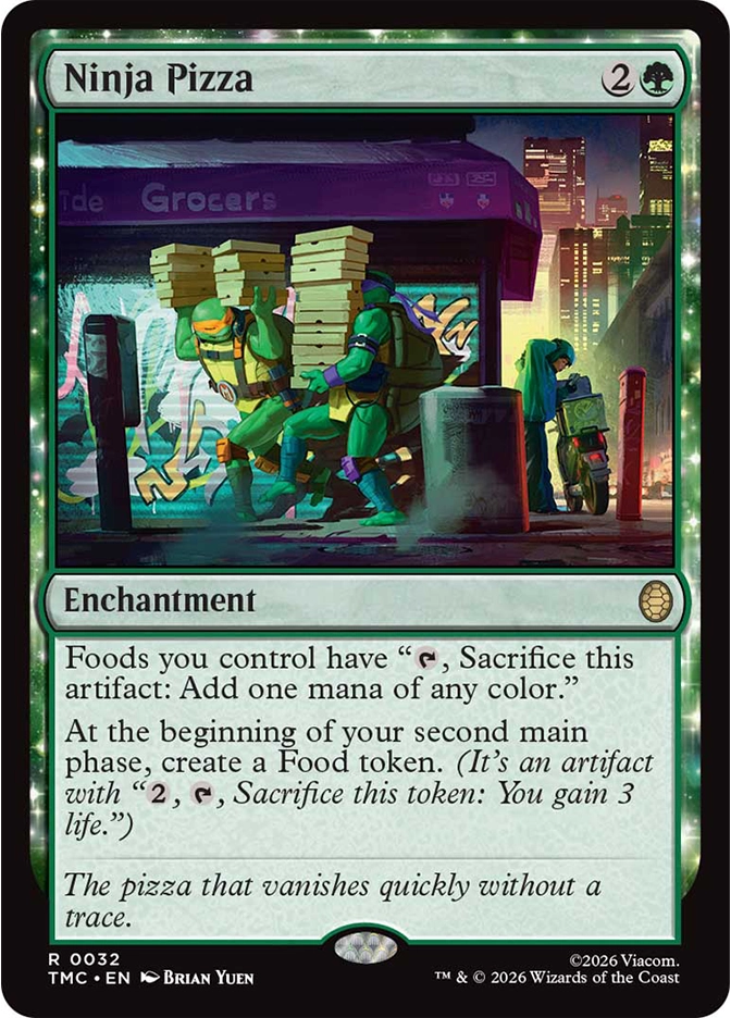 Two turtles stealthily retrieve pizza boxes outside a small storefront at night, illuminated by the glow of a vibrant cityscape in the background.