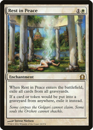 A serene white monument in a flower-covered graveyard under a clear sky. White card frame with a peaceful, divine theme.