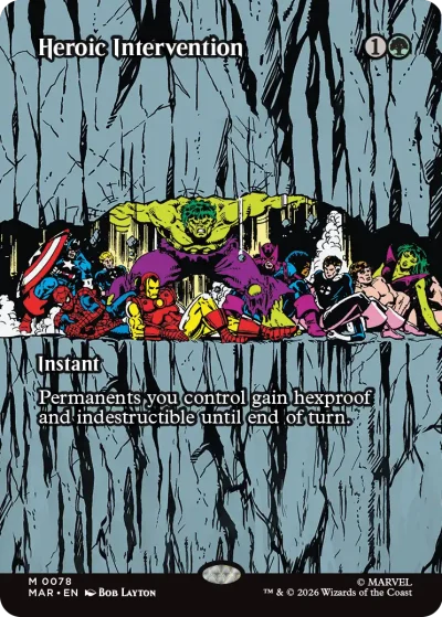 A comic-style lineup of multiple heroes standing together in a rocky cavern, with a green-skinned figure at the center lifting a massive stone overhead. The card frame is green.