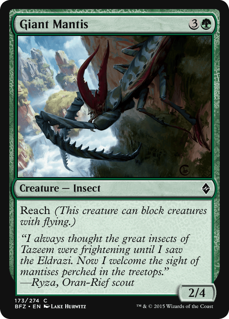 A giant mantis with red and green colors hovers over a forest. Text describes it as having reach and includes a quote about its presence.