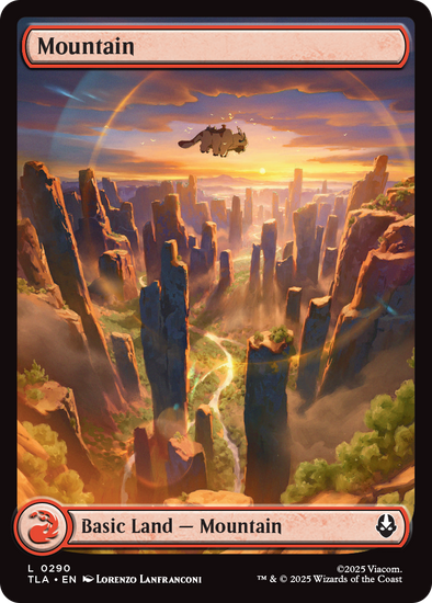 Magic: The Gathering Mountain card. Towering rock spires glow in sunset colors. A large cat-like creature leaps across the sky. Basic land that produces red mana.